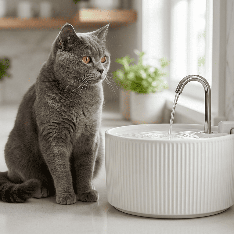 chat et fontaine à eau en céramique Image